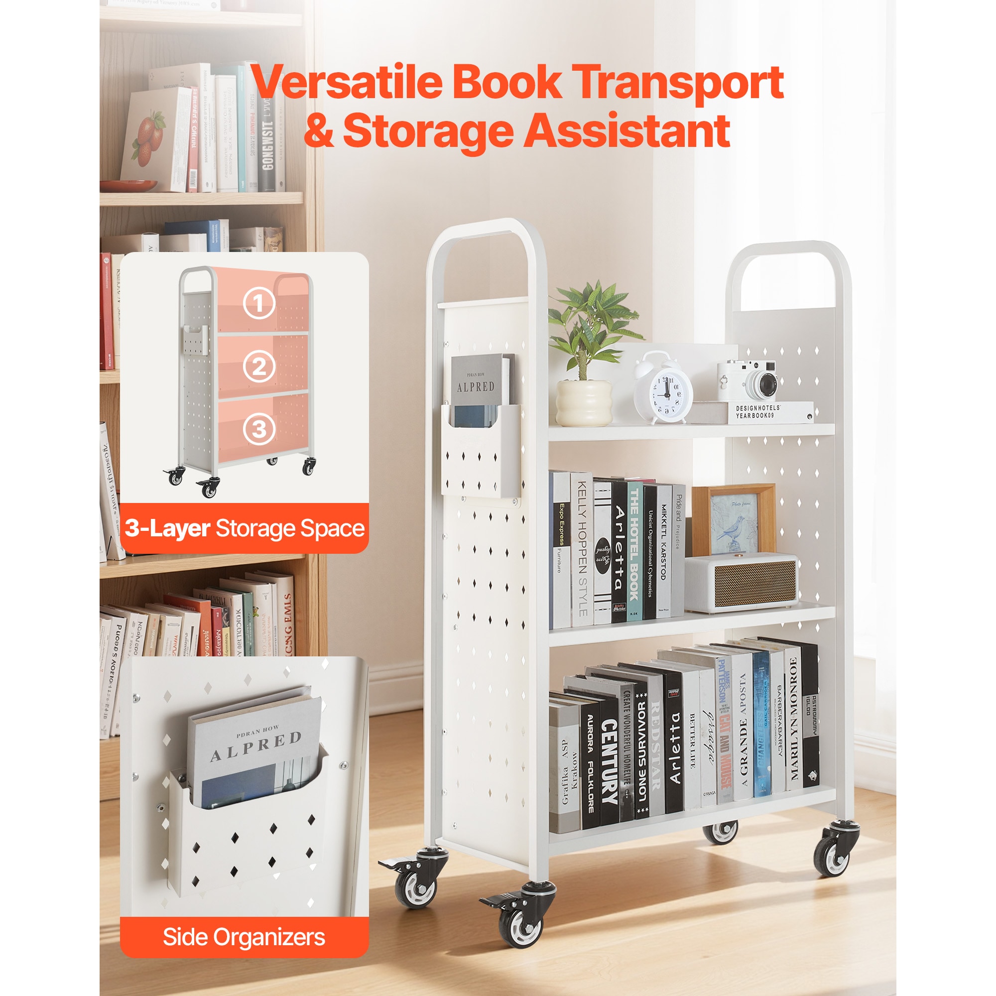 3-tier Rolling Book Cart With Single Sided L-shaped Shelving Unit_voghion.com